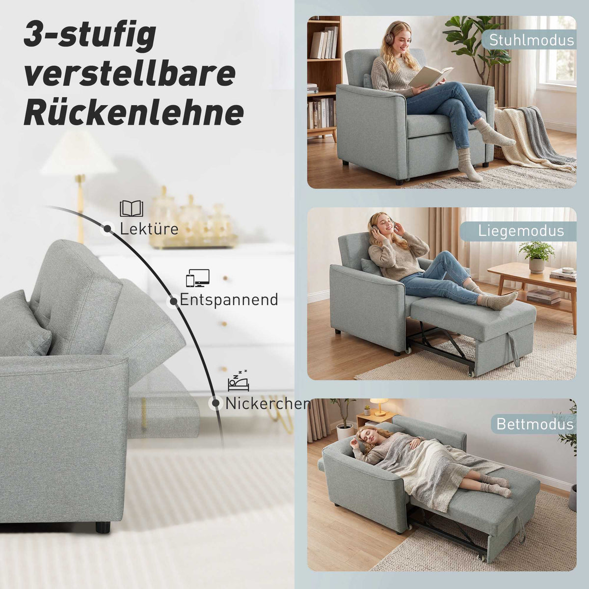 Convertible 3-in-1 Sofa Chair Bed, Adjustable Backrest, Gray