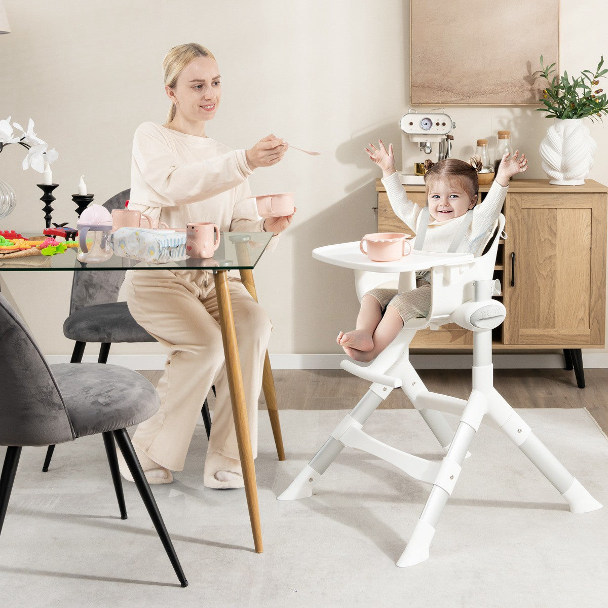 Convertible Baby High Chair, 4-in-1, 5-Height, Beige