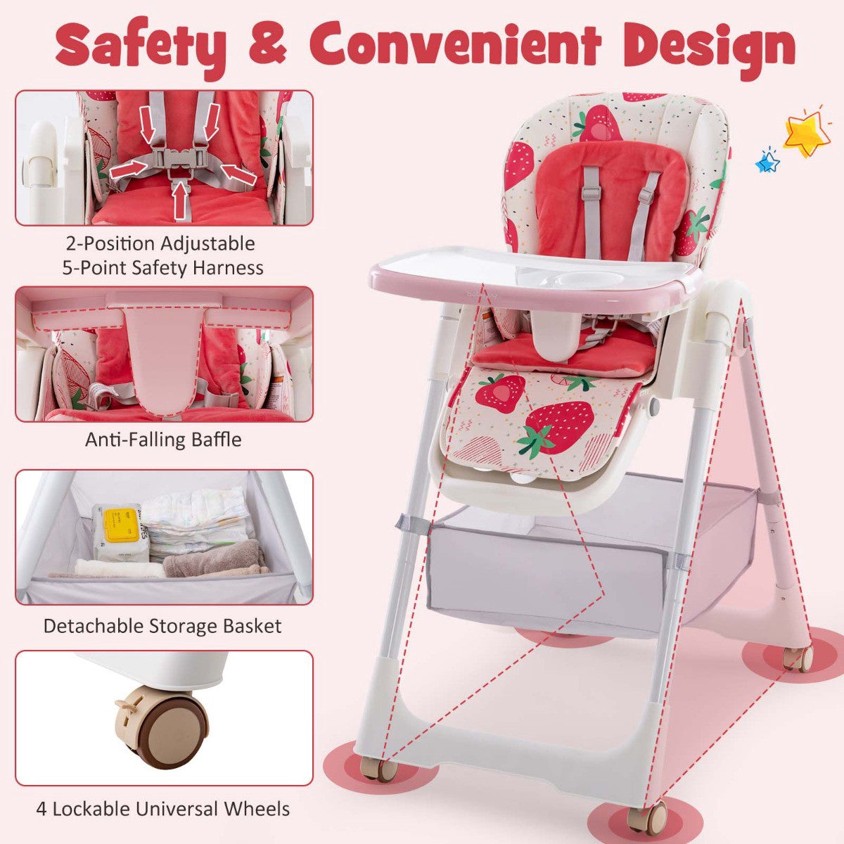 Convertible Baby High Chair, 4-in-1 Folding, Adjustable Height