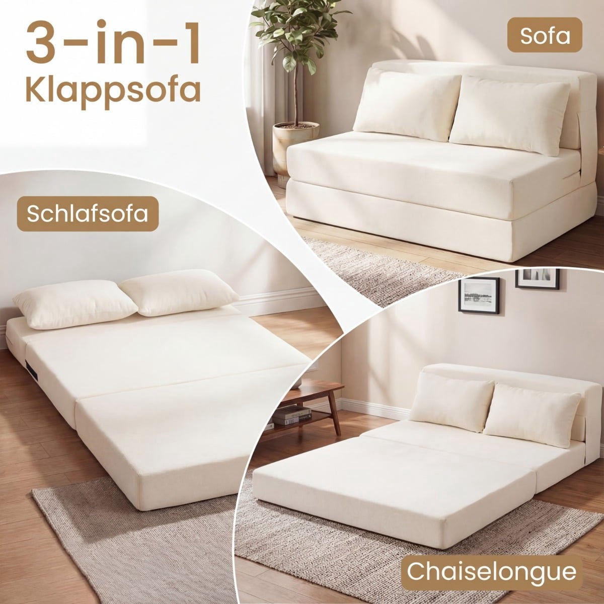 Convertible Chenille Sofa Bed with 2 Cushions, Beige