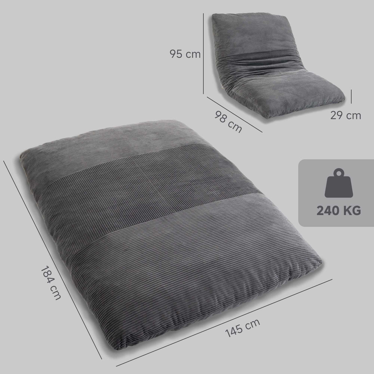 Convertible Cord Floor Sofa Bed, Dark Grey, 145x184 cm