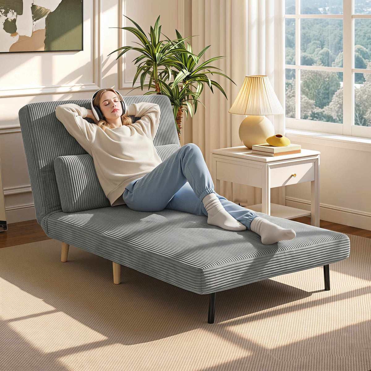 Convertible Corduroy Sleeper Chair – Dark Grey, Adjustable Back