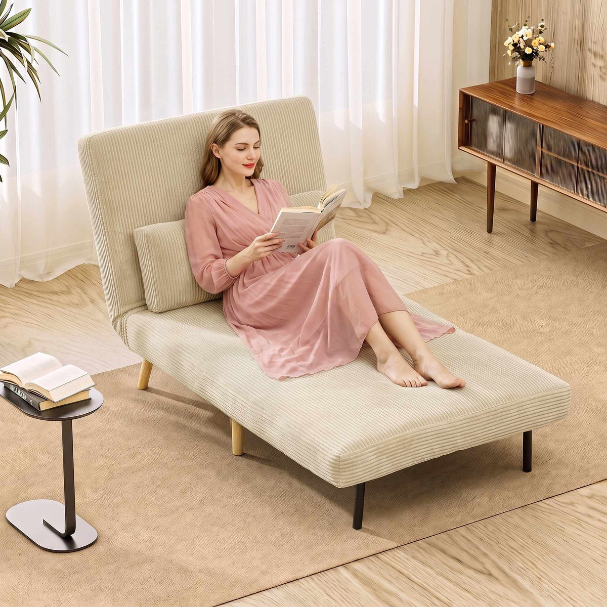 Convertible Corduroy Sofa Bed, Adjustable Backrest, Beige