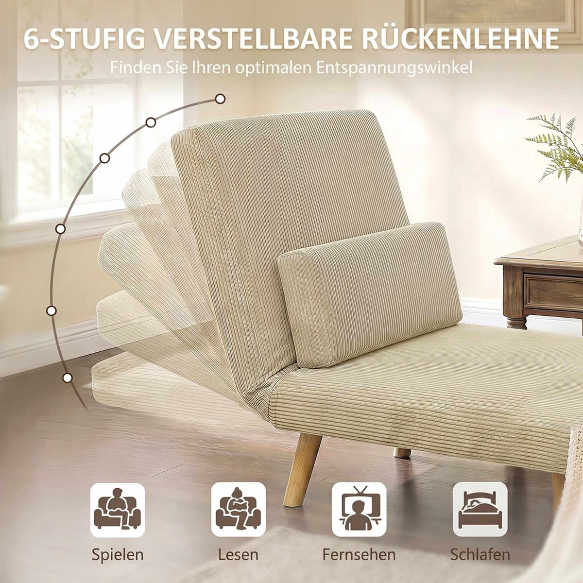 Convertible Corduroy Sofa Bed, Adjustable Backrest, Beige