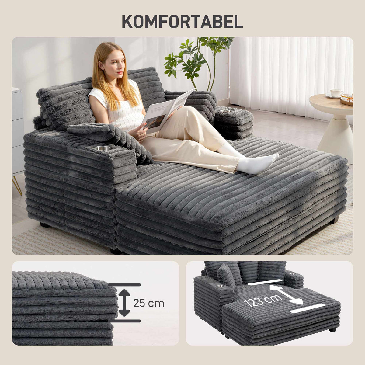 Convertible Corduroy Sofa Bed with Cup Holders, Grey