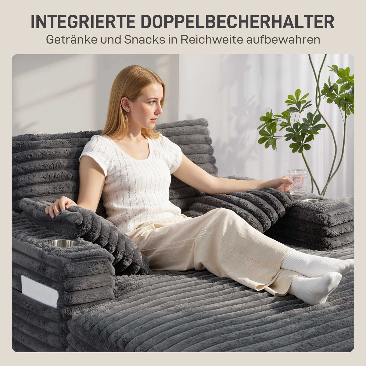 Convertible Corduroy Sofa Bed with Cup Holders, Grey