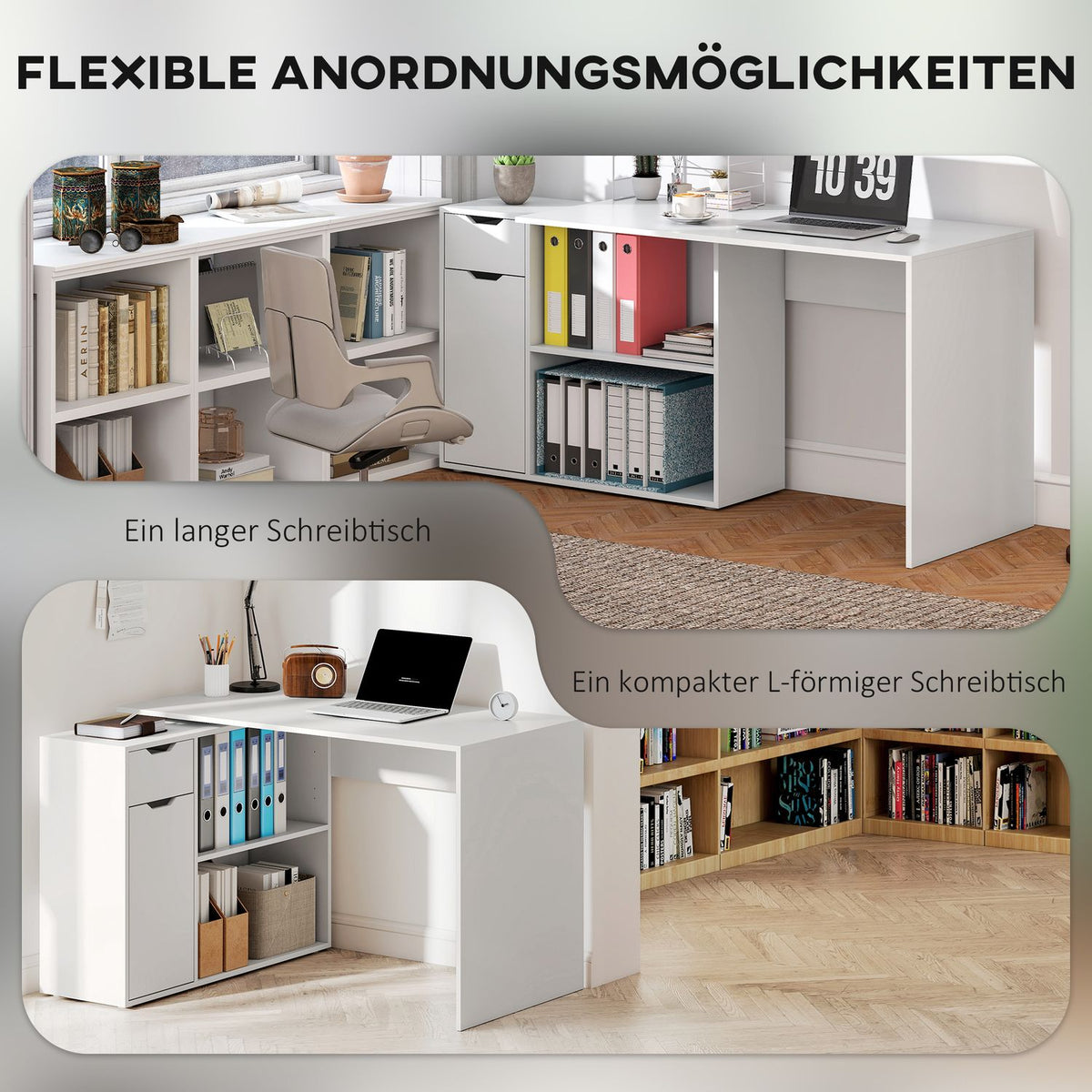 Convertible Desk with Storage, White Wood, L-Shape Option