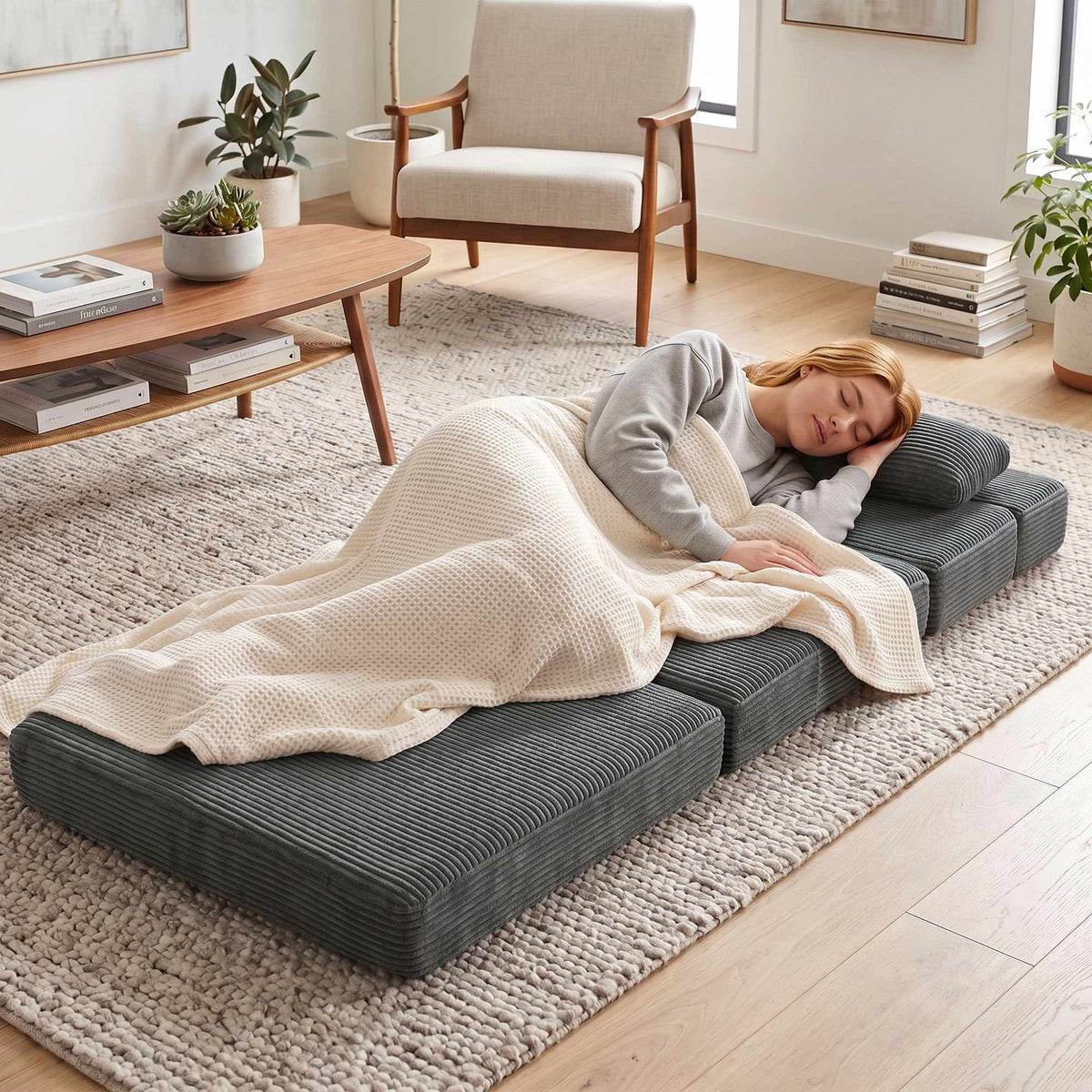 Convertible Floor Chair with Corduroy Cover, Dark Grey