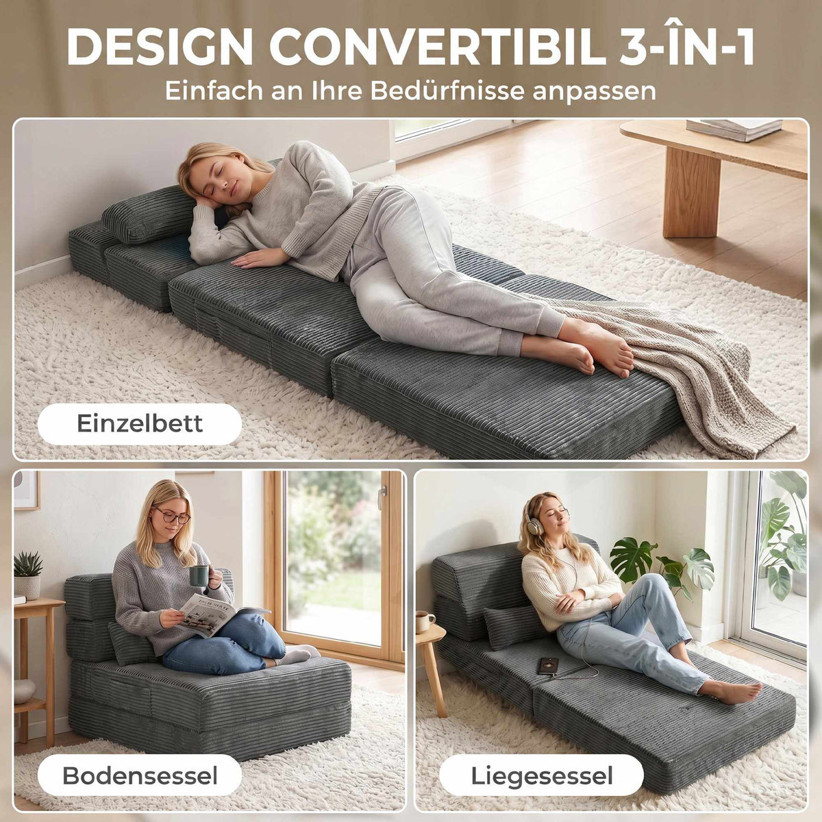 Convertible Floor Chair with Corduroy Cover, Dark Grey