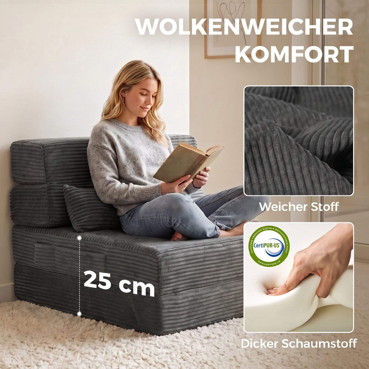 Convertible Floor Chair with Corduroy Cover, Dark Grey