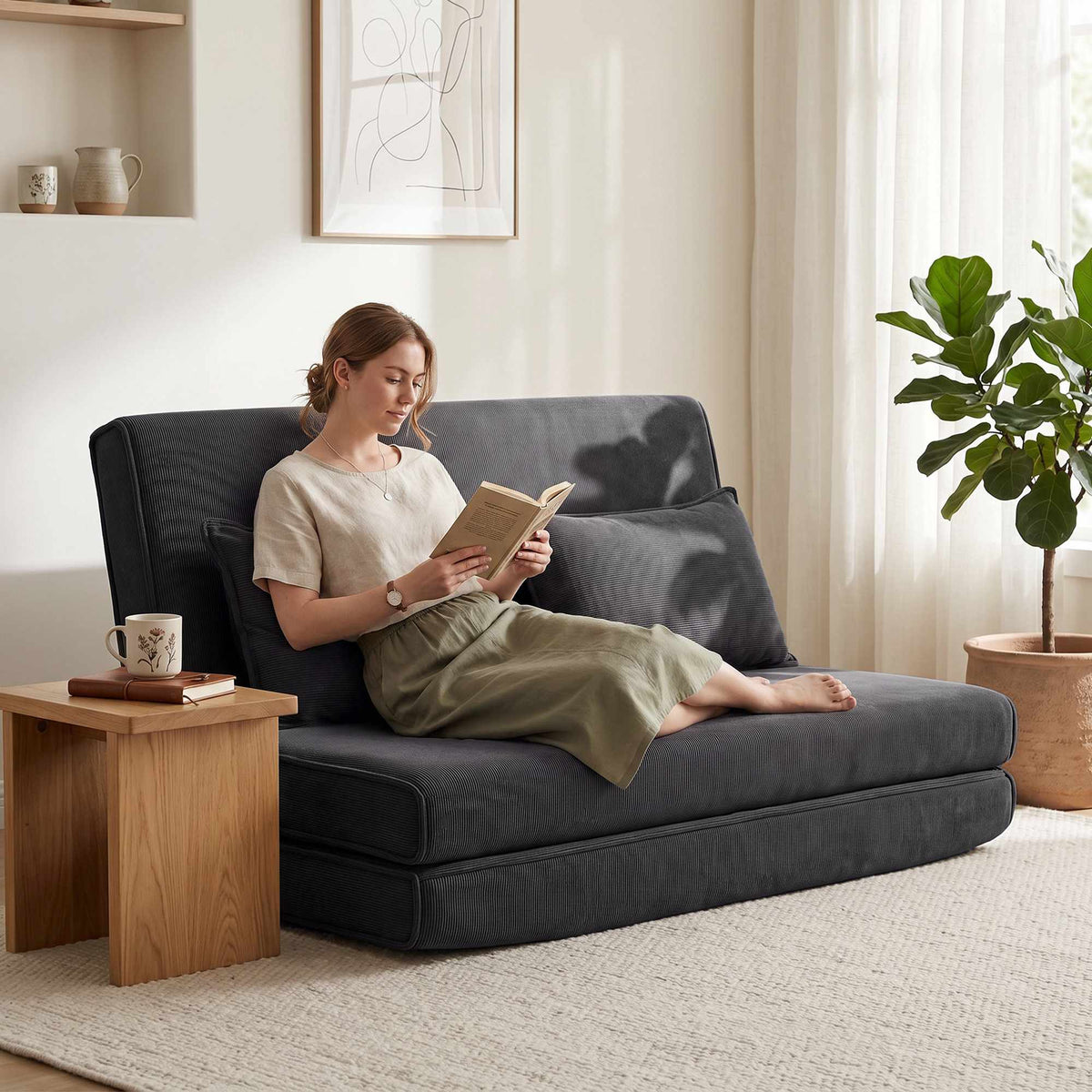Convertible Floor Sofa Bed, Adjustable Backrest, Corduroy, Dark Grey