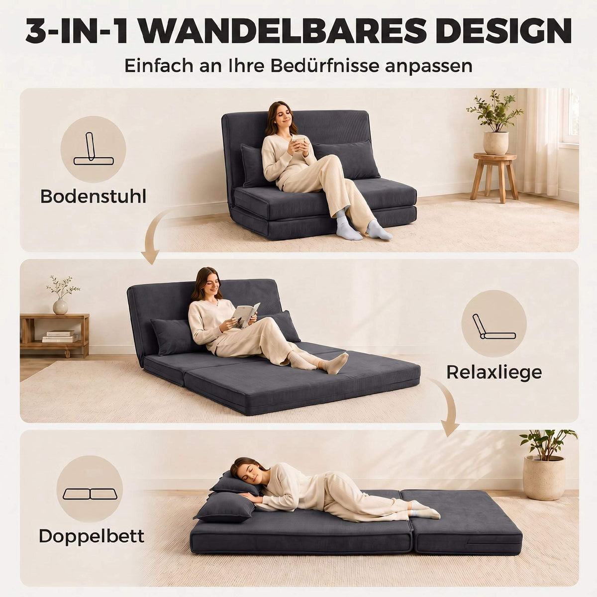 Convertible Floor Sofa Bed, Adjustable Backrest, Corduroy, Dark Grey