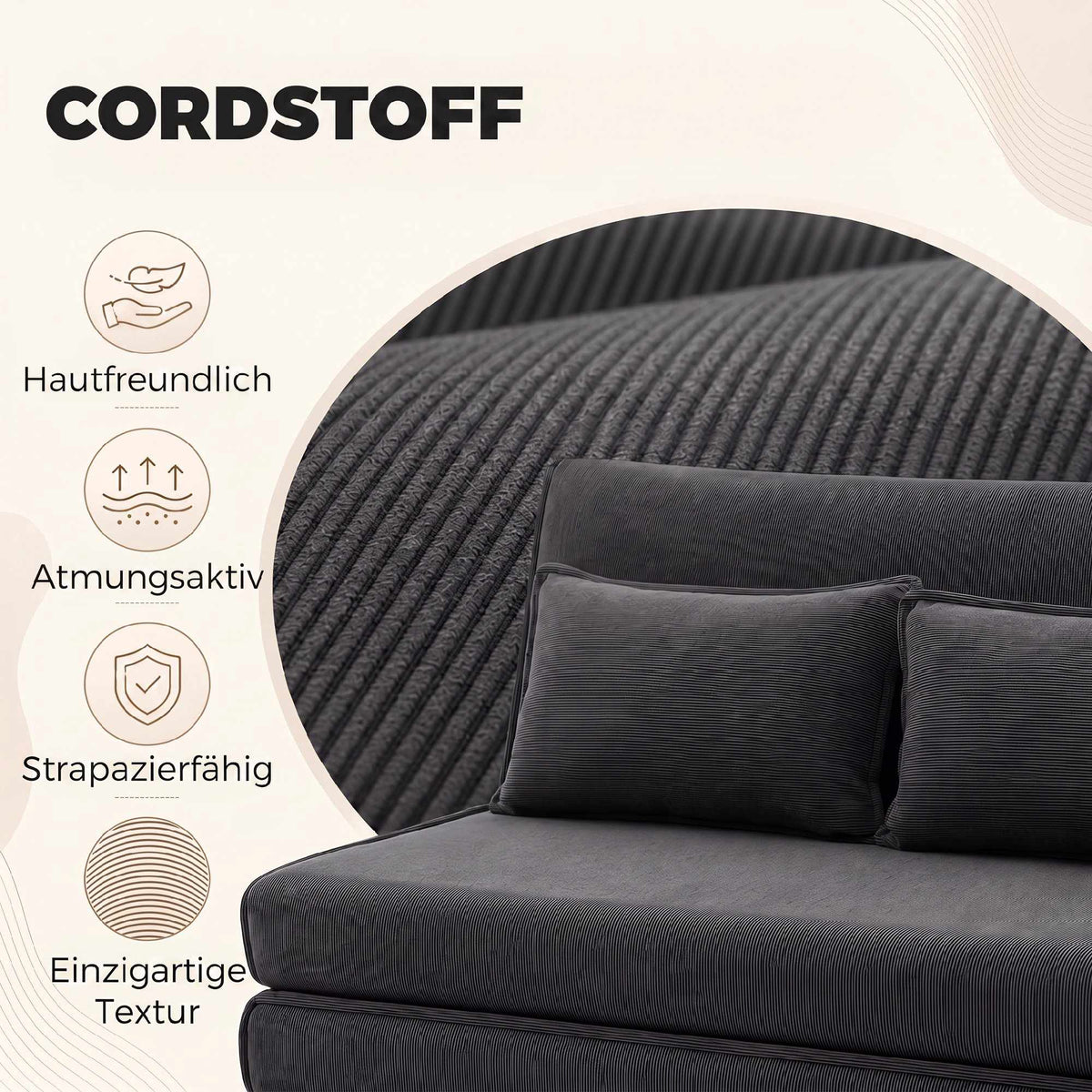 Convertible Floor Sofa Bed, Adjustable Backrest, Corduroy, Dark Grey