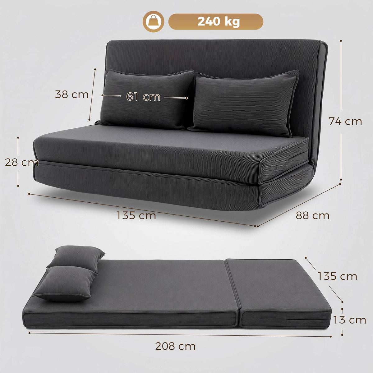Convertible Floor Sofa Bed, Adjustable Backrest, Corduroy, Dark Grey
