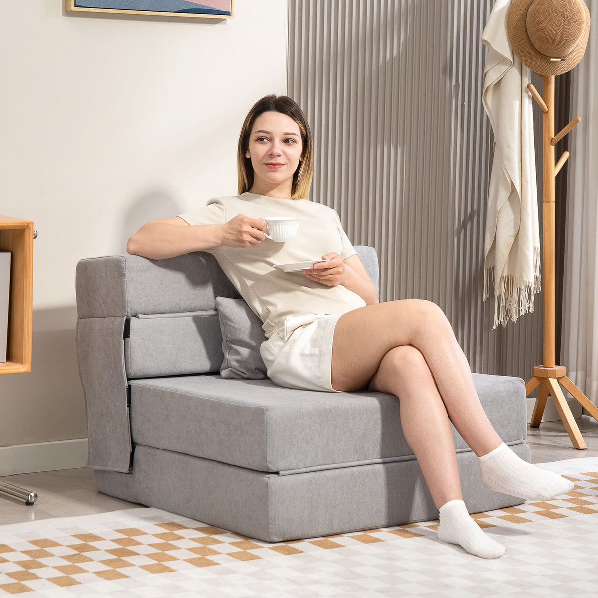 Convertible Floor Sofa Bed – Foam, Light Grey, Includes Pillow