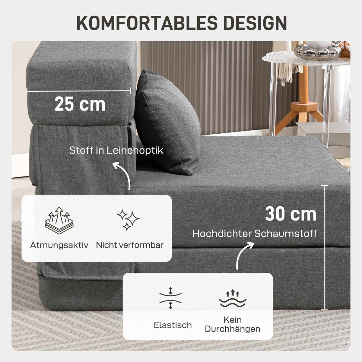 Convertible Foam Sofa Bed, Grey, Linen-Style Fabric