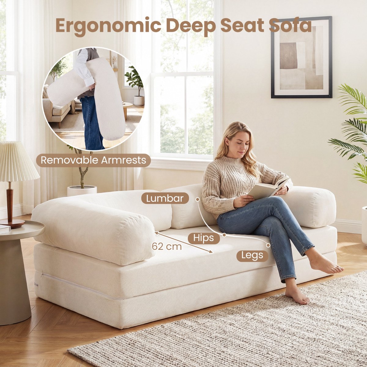 Convertible Folding Sofa Bed, 4-In-1 Corduroy, Beige