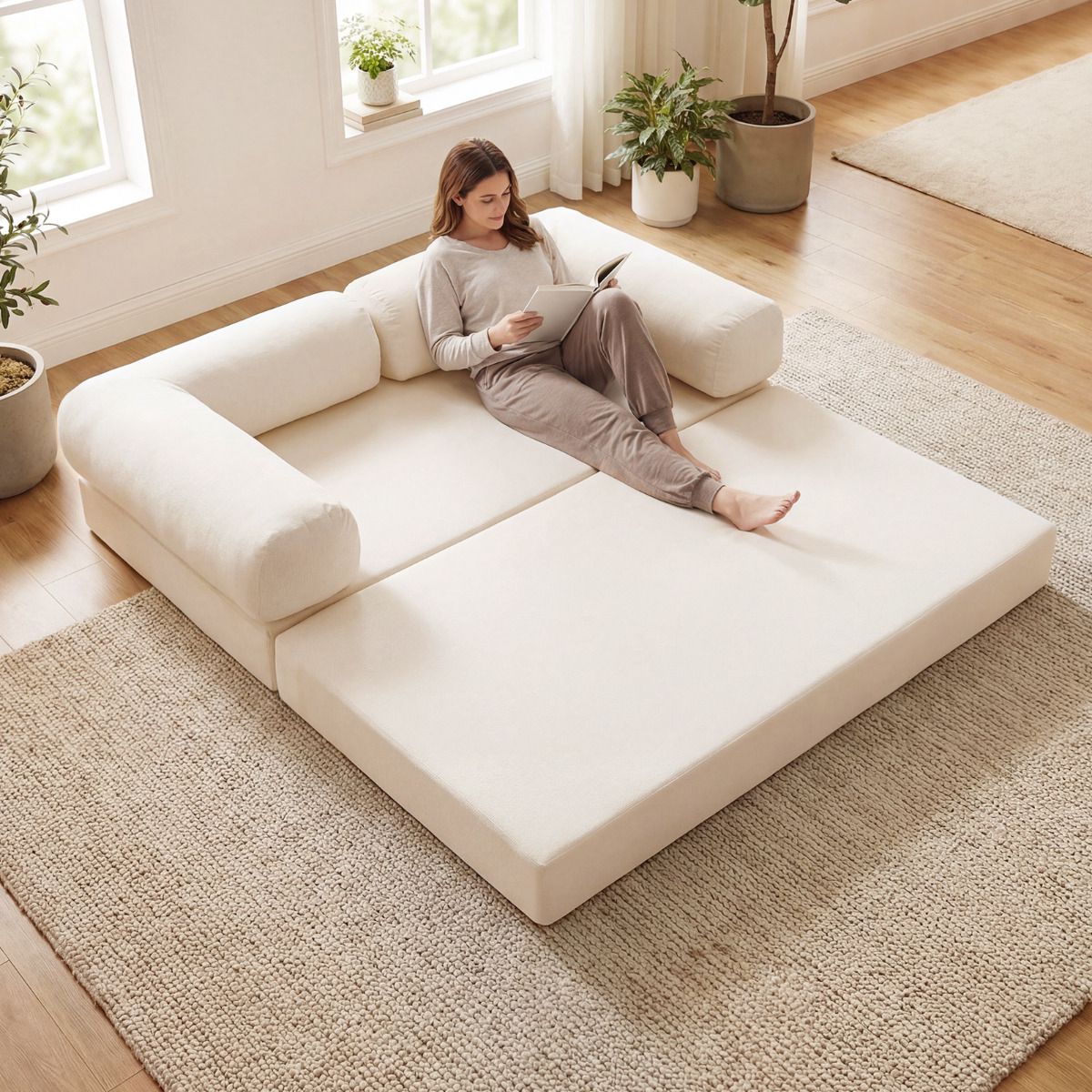 Convertible Folding Sofa Bed, 4-In-1 Corduroy, Beige