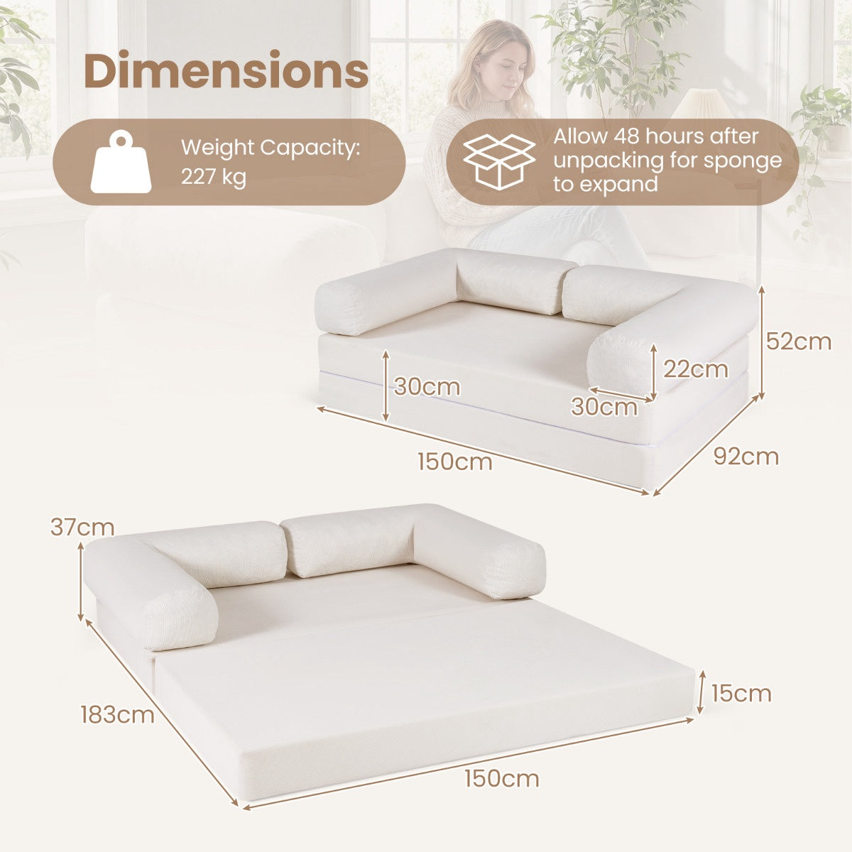 Convertible Folding Sofa Bed, 4-In-1 Corduroy, Beige