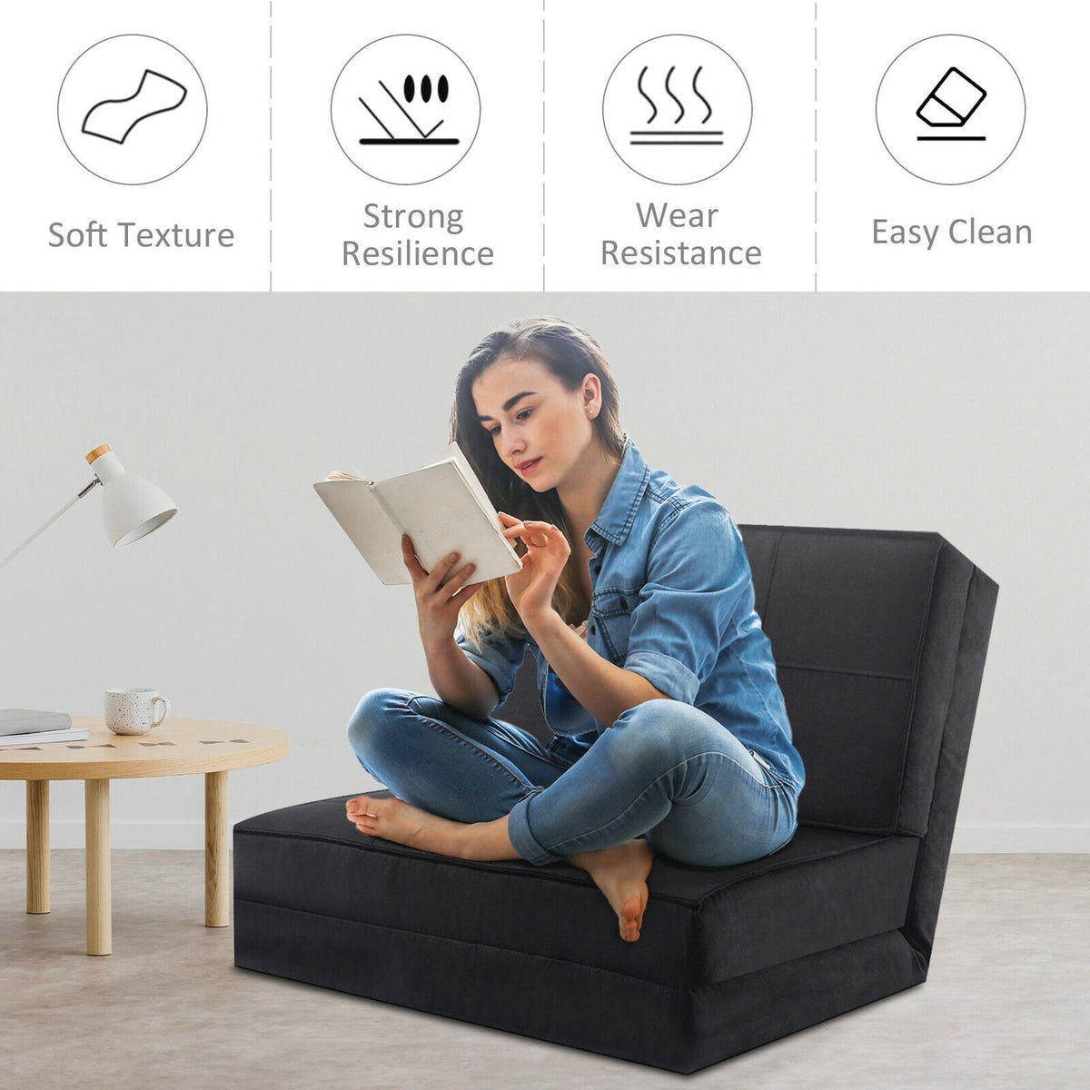 Convertible Folding Sofa Bed, 5-Position, Black
