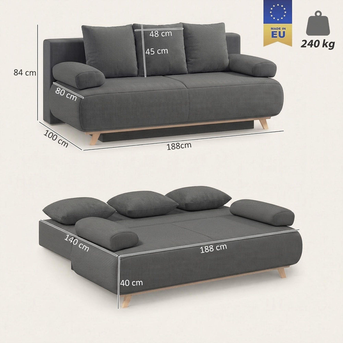 Convertible Grey Corduroy Sofa Bed with Storage