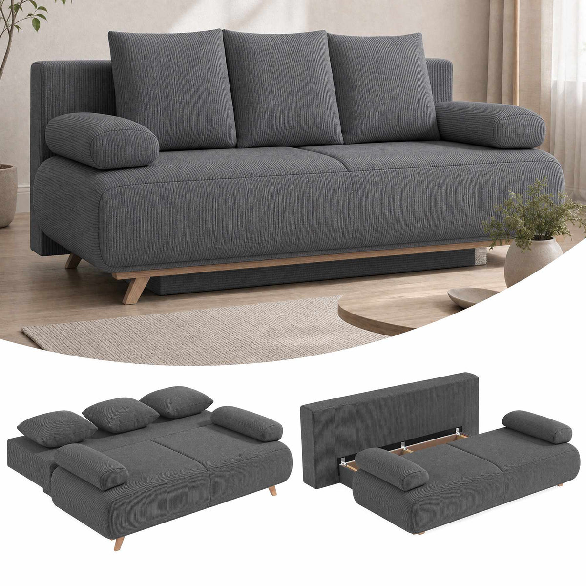 Convertible Grey Corduroy Sofa Bed with Storage