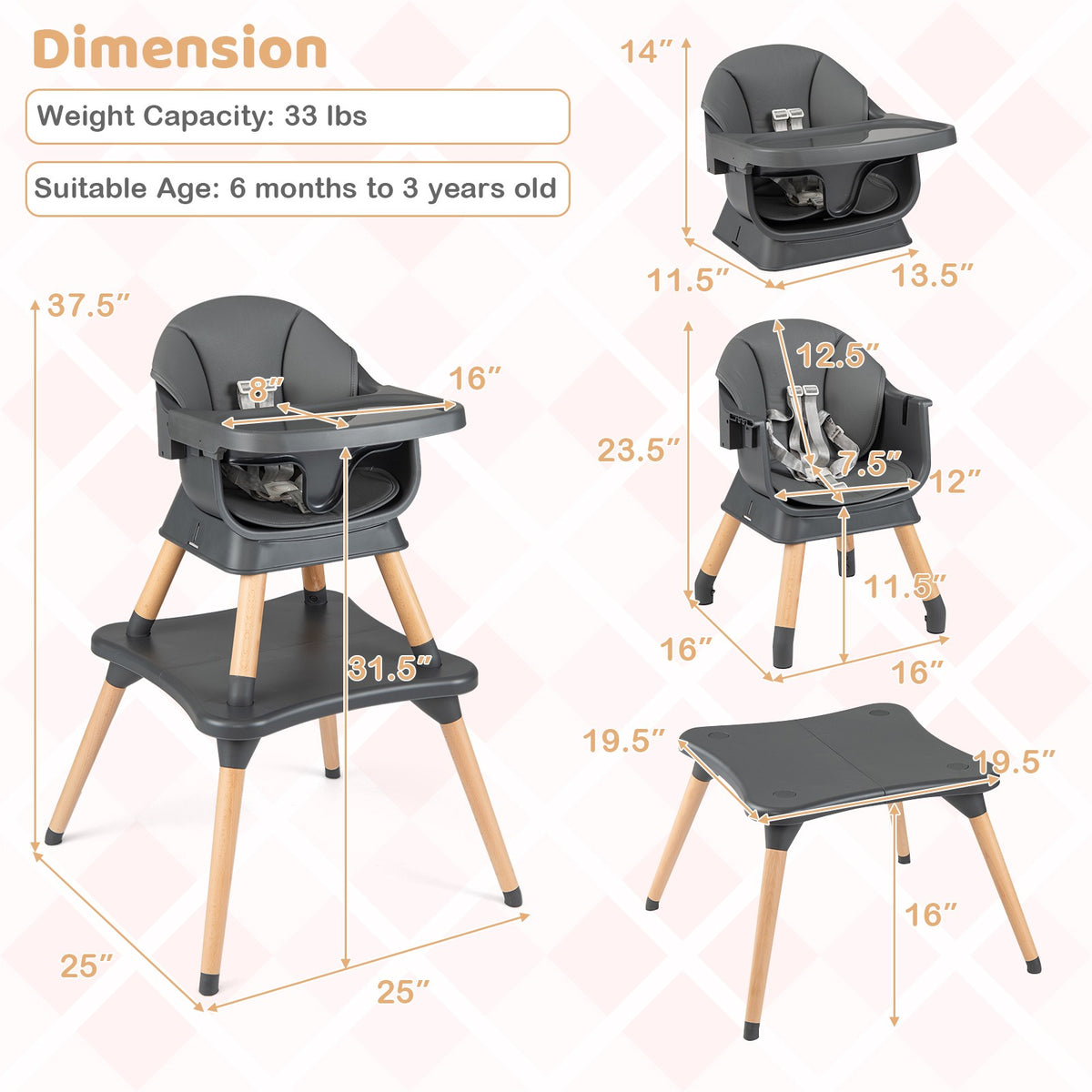 Convertible High Chair 9-in-1, Removable Tray, Dark Grey