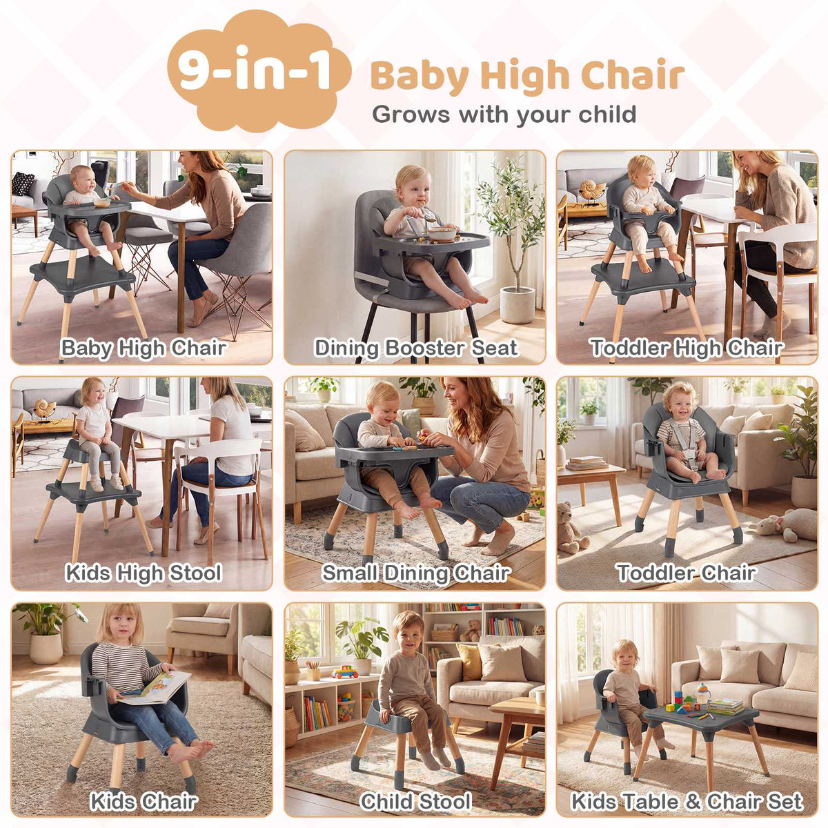 Convertible High Chair 9-in-1, Removable Tray, Dark Grey