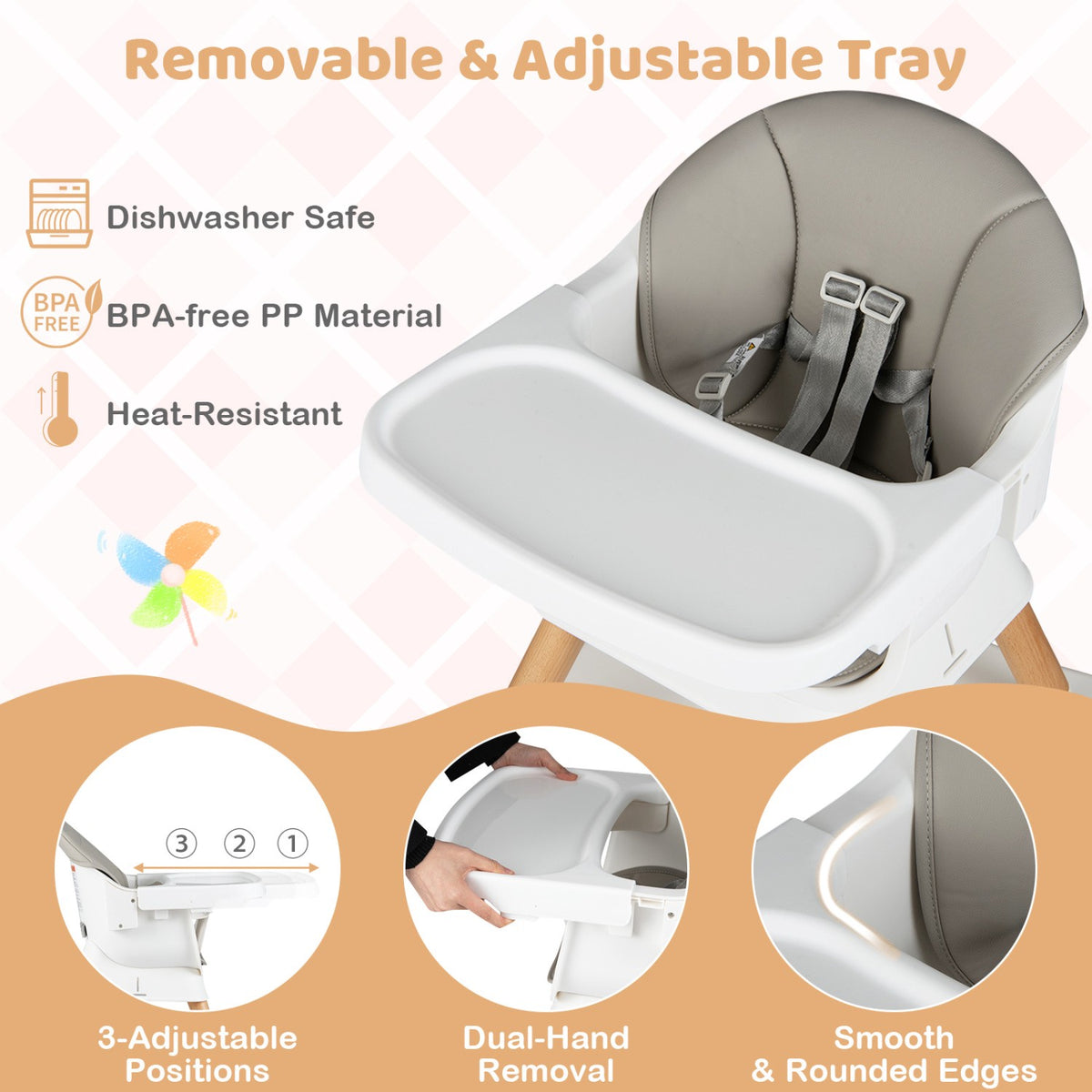 Convertible High Chair 9-in-1, Removable Tray, Grey