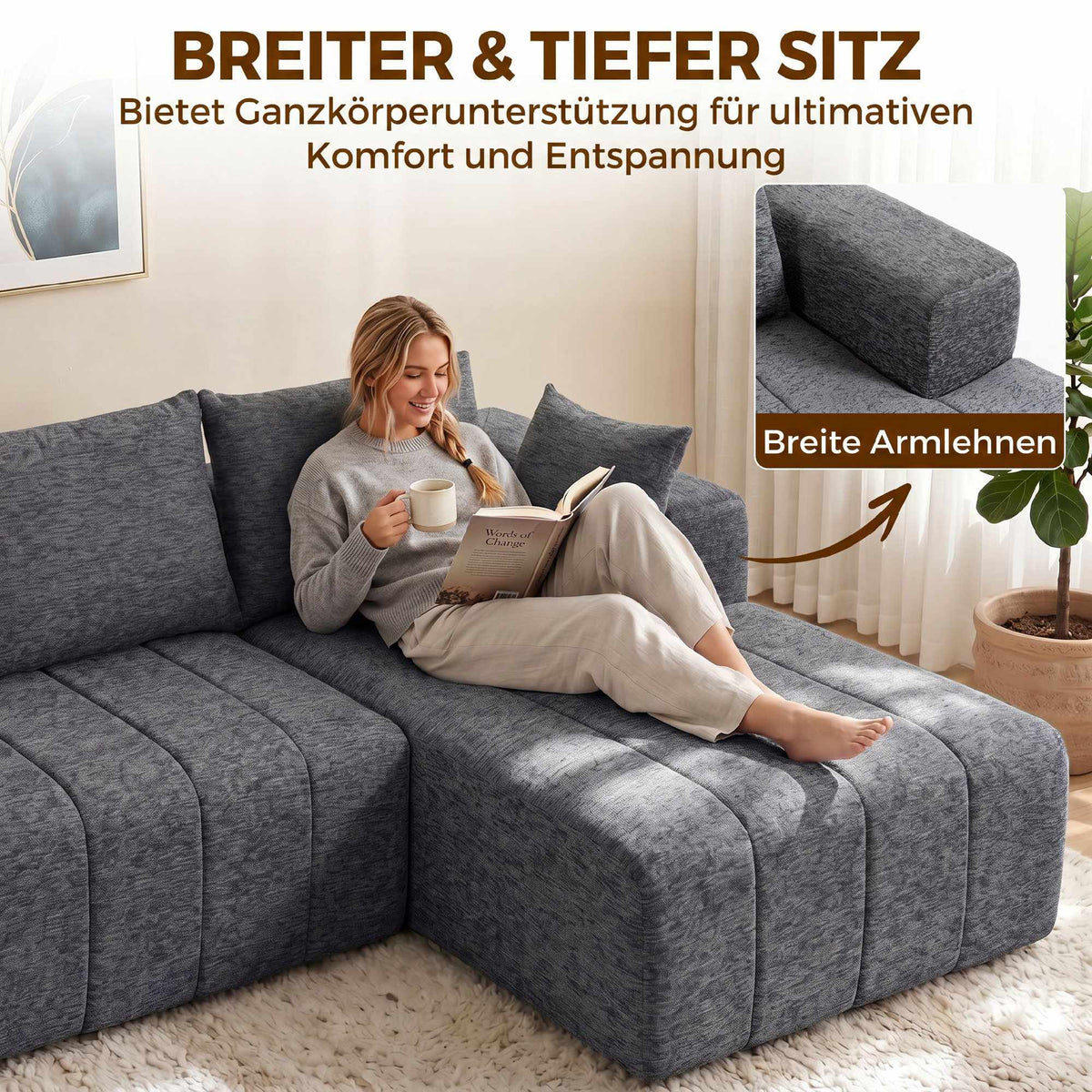 Convertible L-Shaped Chenille Sofa Bed with Ottoman, Grey