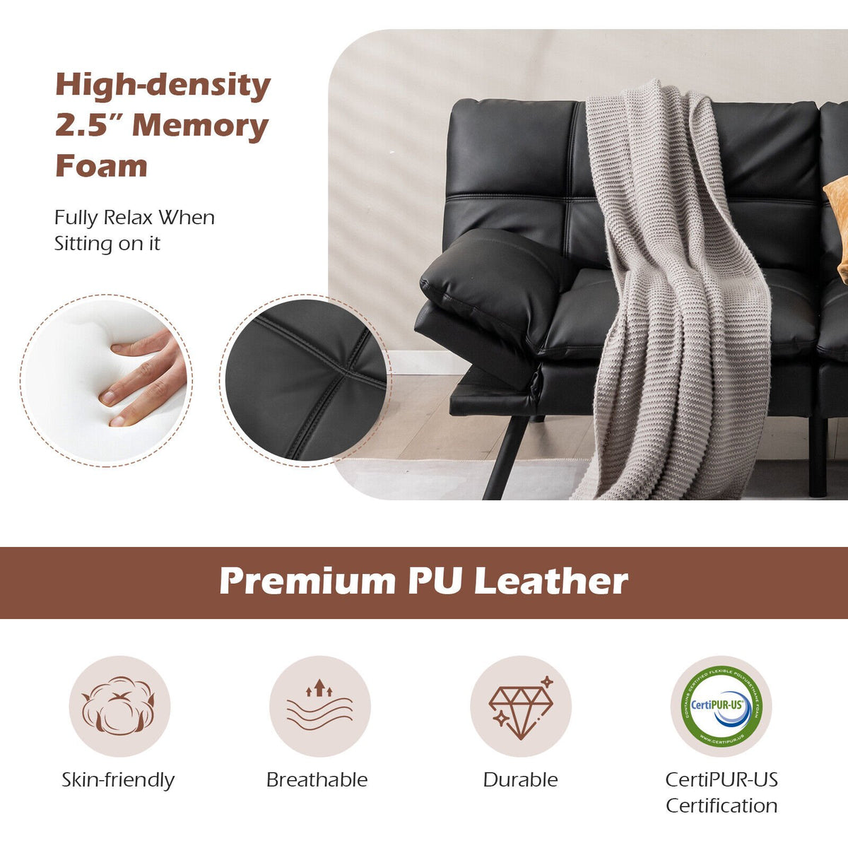 Convertible Memory Foam Futon Sofa Bed, Adjustable Arms, Black