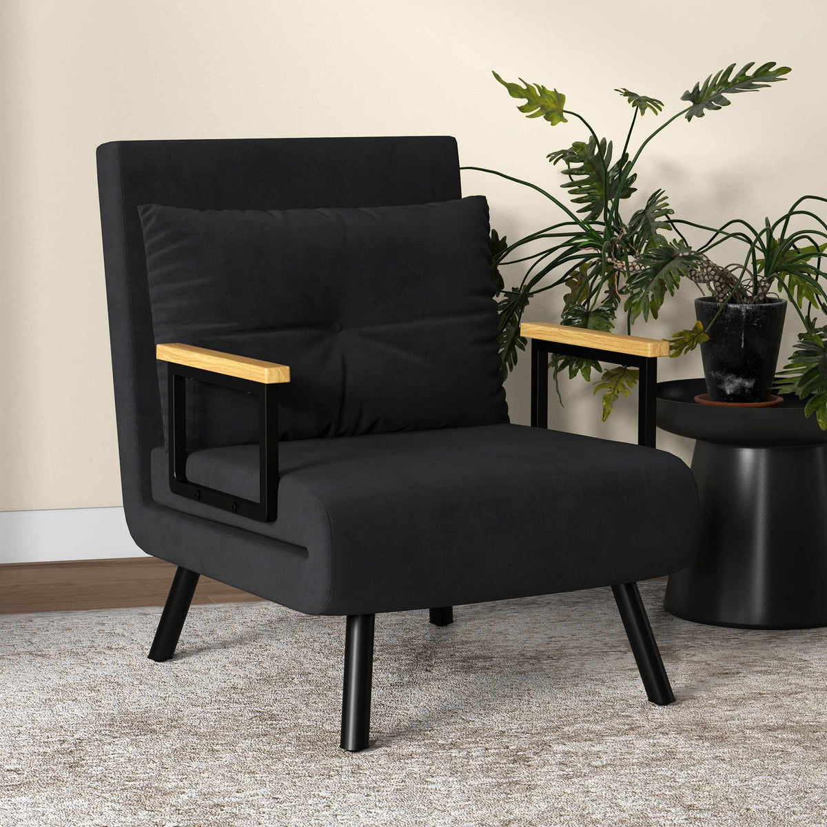 Convertible Recliner Chair with Cushion, Black Velvet