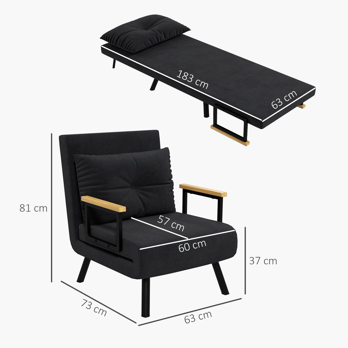Convertible Recliner Chair with Cushion, Black Velvet