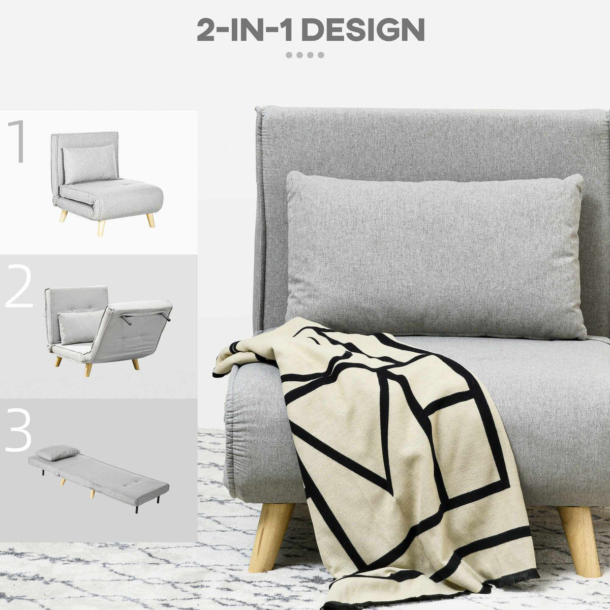 Convertible Sleeper Chair, Adjustable Backrest, Linen Look, Light Grey