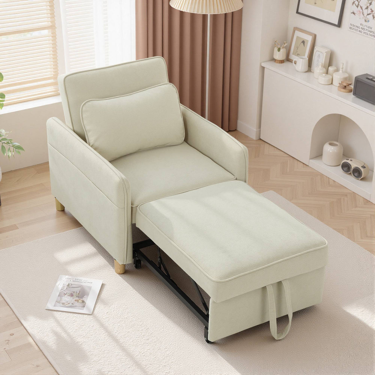 Convertible Sleeper Chair, Foam Padding, Beige Fabric