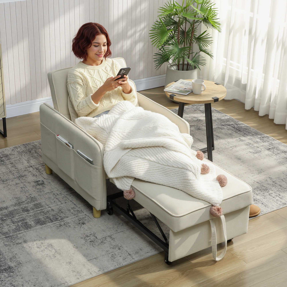 Convertible Sleeper Chair, Foam Padding, Beige Fabric