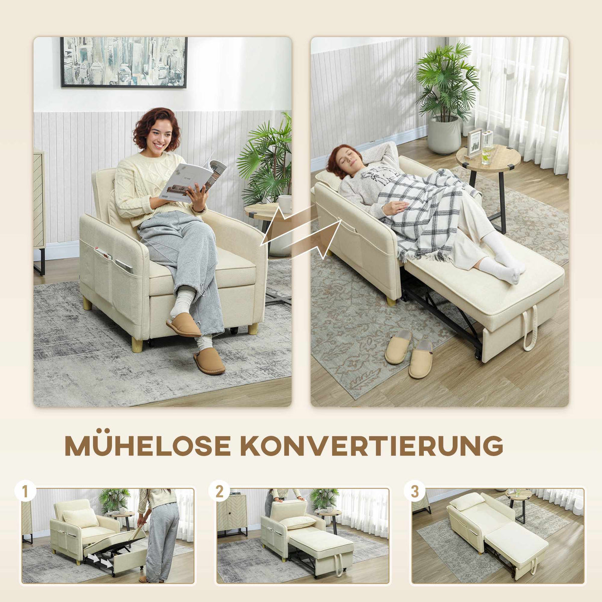 Convertible Sleeper Chair, Foam Padding, Beige Fabric