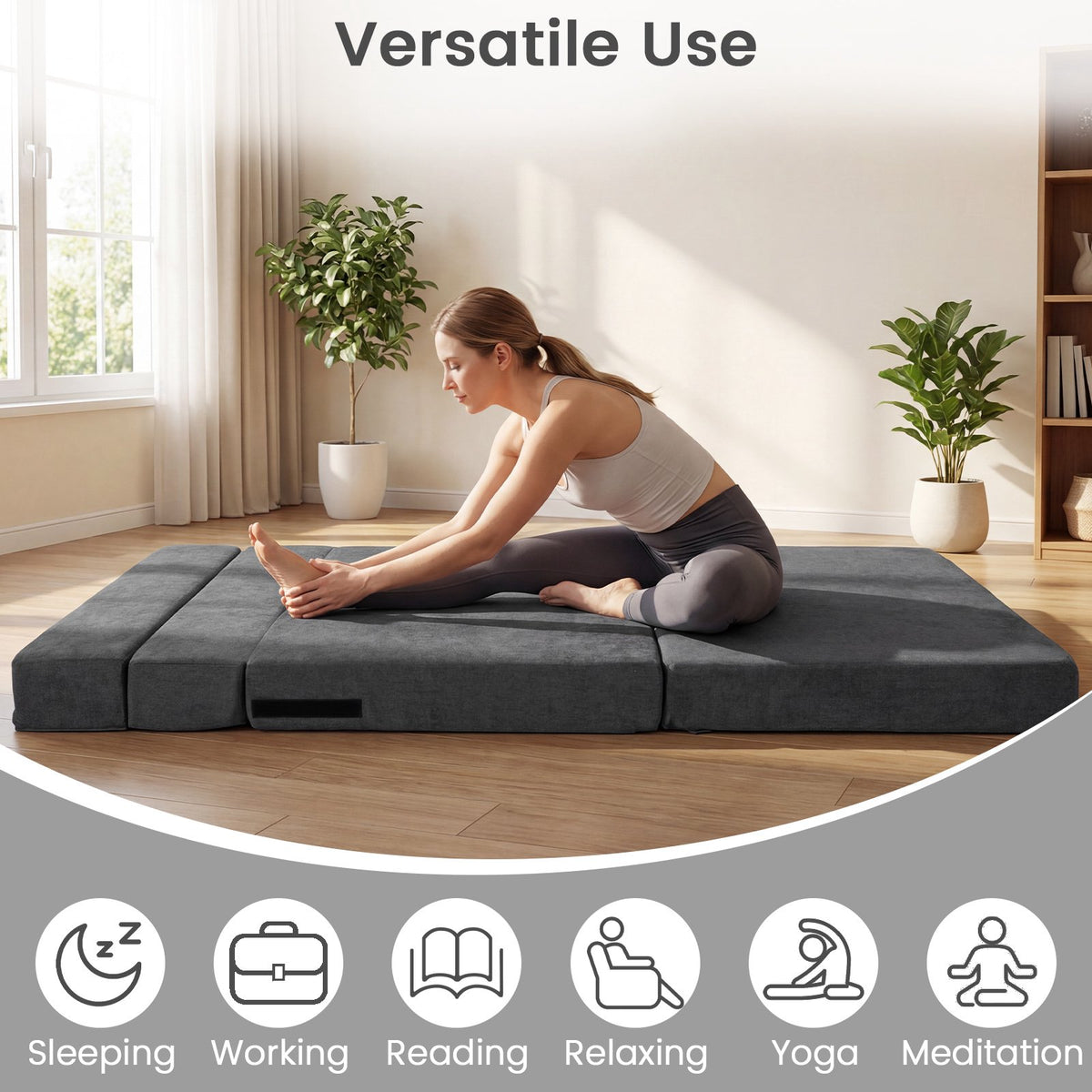 Convertible Sofa Bed, 3-in-1 Chenille, 2 Cushions, Grey