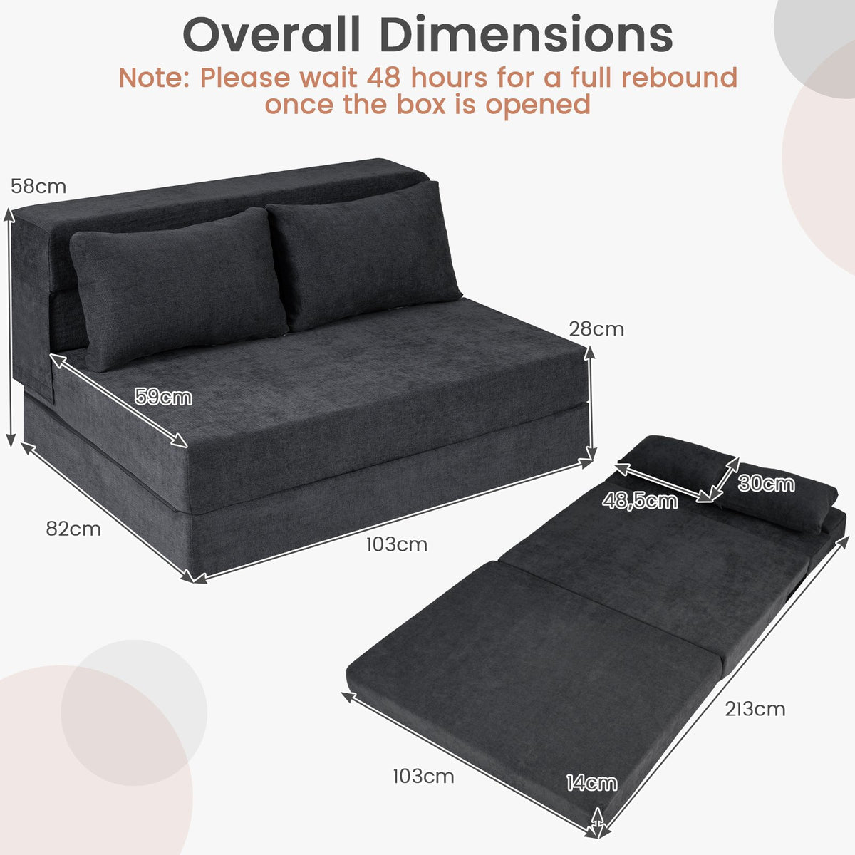 Convertible Sofa Bed, 3-in-1 Chenille, 2 Cushions, Grey