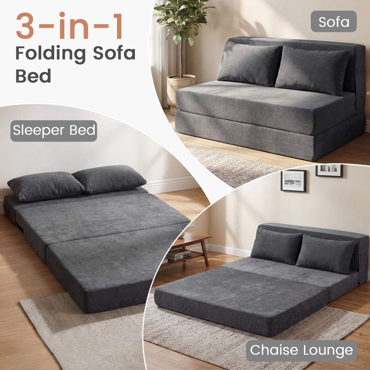 Convertible Sofa Bed, 3-in-1 Chenille, 2 Cushions, Grey