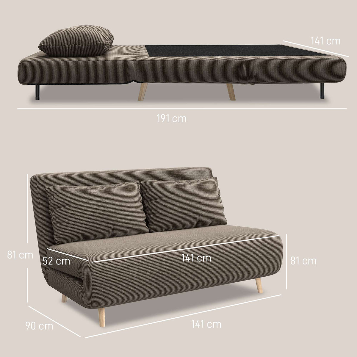 Convertible Sofa Bed, Adjustable Backrest, Corduroy, 120 kg Capacity