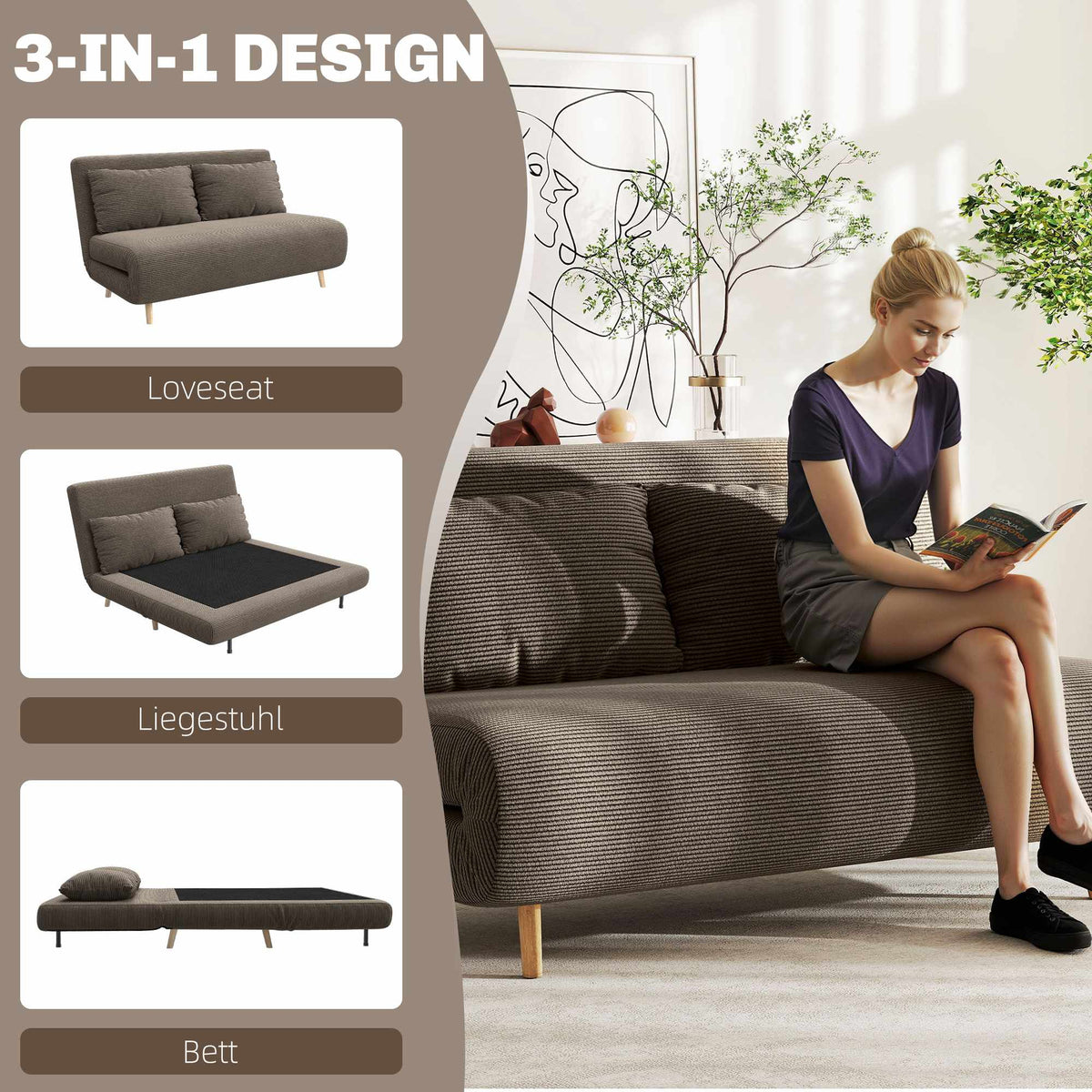 Convertible Sofa Bed, Adjustable Backrest, Corduroy, 120 kg Capacity