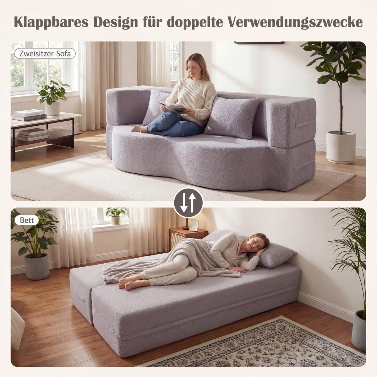 Convertible Sofa Bed, Teddy-Fleece, 192.5 cm, White