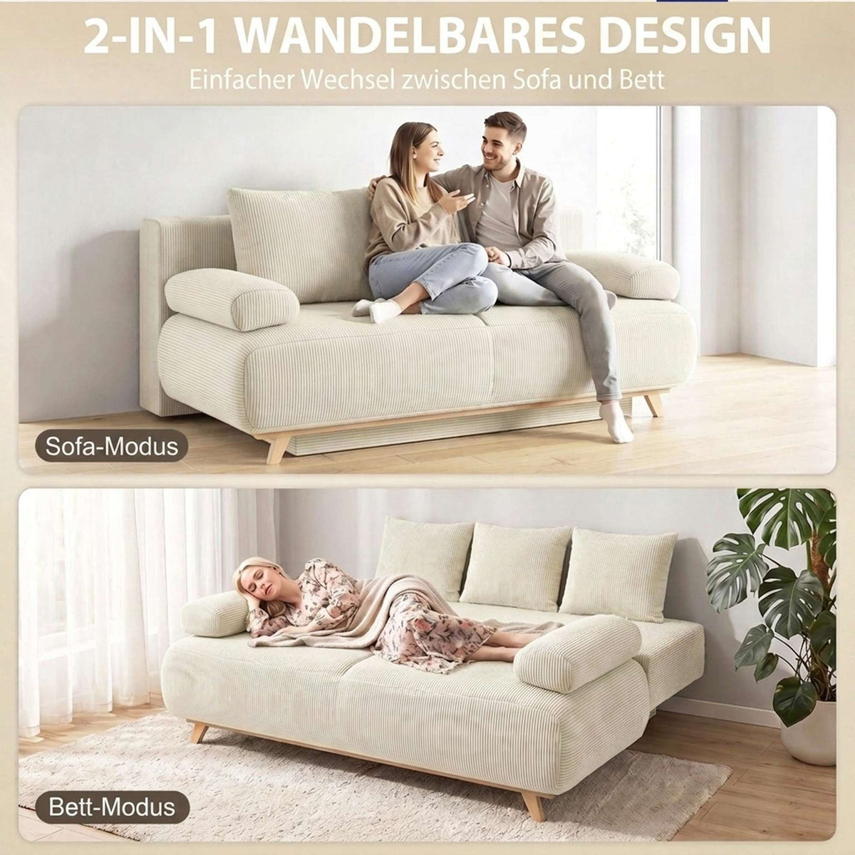Convertible Sofa Bed with Adjustable Backrest, Corduroy, Beige