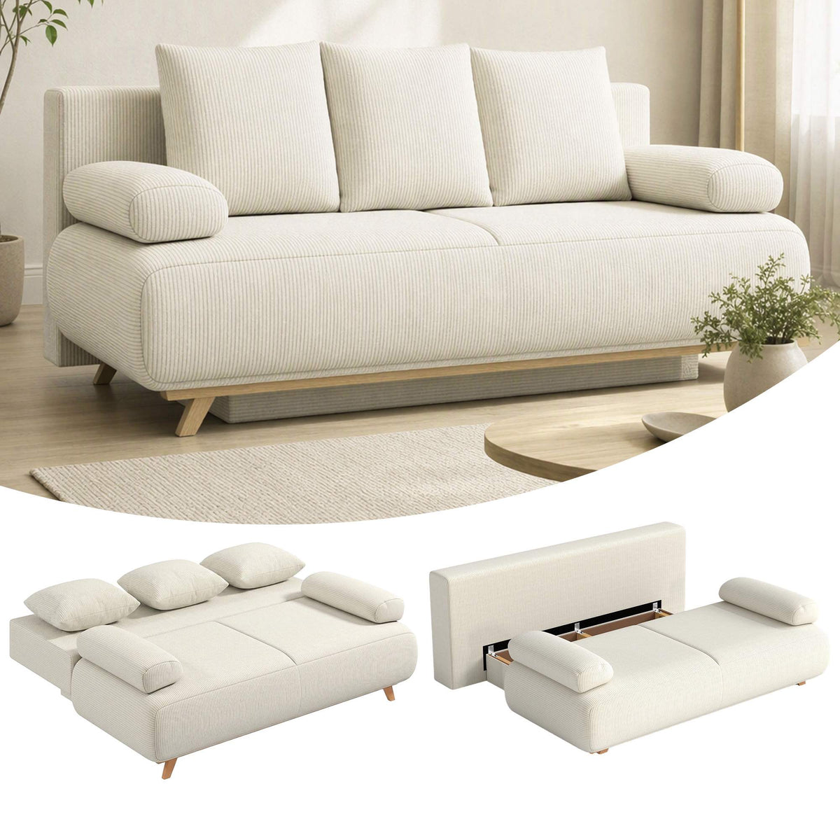 Convertible Sofa Bed with Adjustable Backrest, Corduroy, Beige