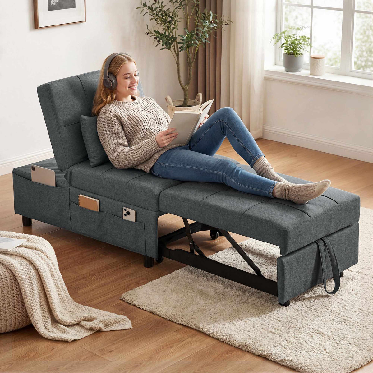 Convertible Sofa Bed with Adjustable Backrest and Cushion