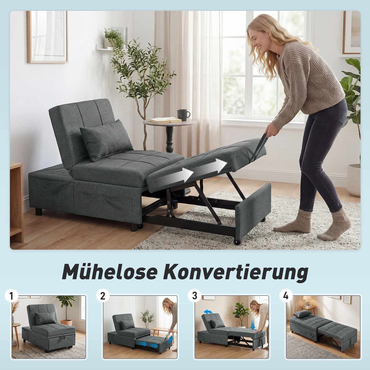 Convertible Sofa Bed with Adjustable Backrest and Cushion