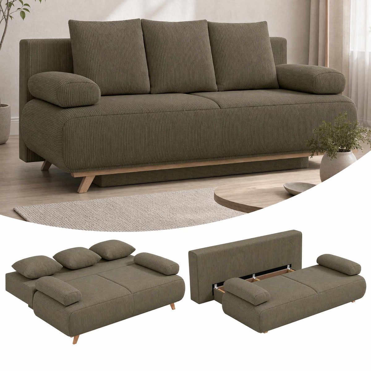 Convertible Sofa Bed with Storage, Dark Green Cord Fabric