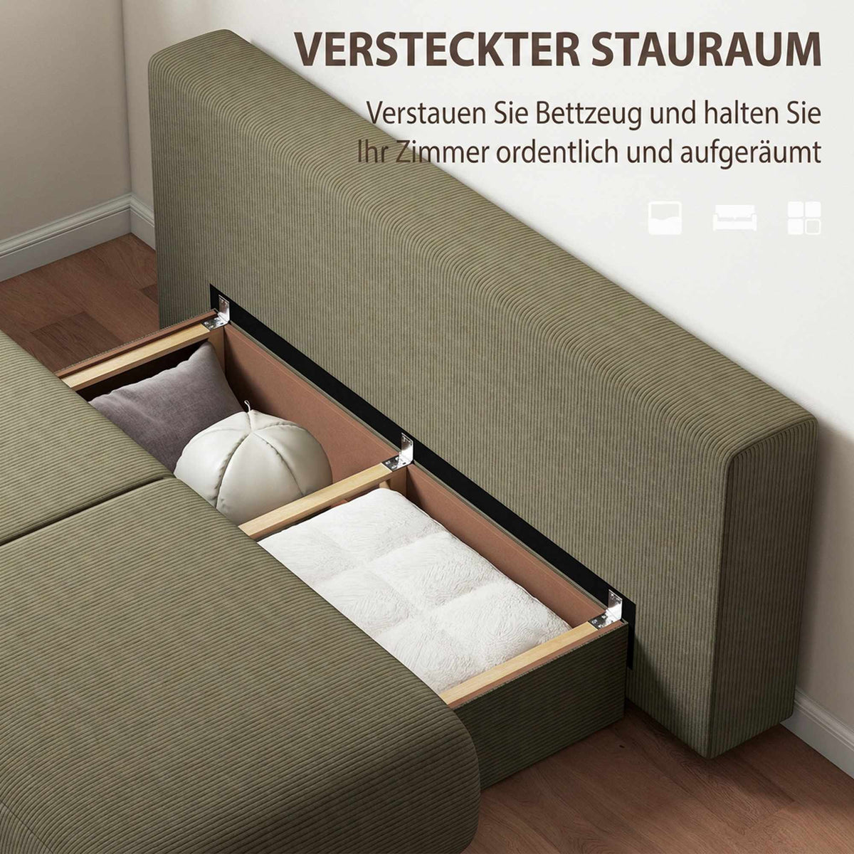 Convertible Sofa Bed with Storage, Dark Green Cord Fabric