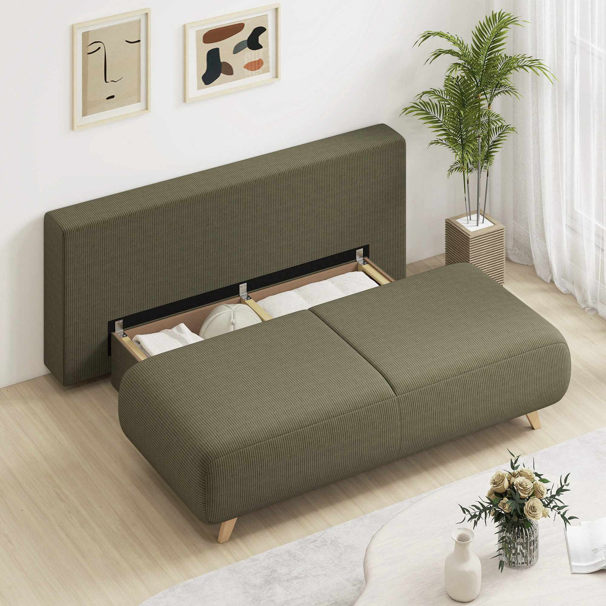 Convertible Sofa Bed with Storage, Dark Green Cord Fabric